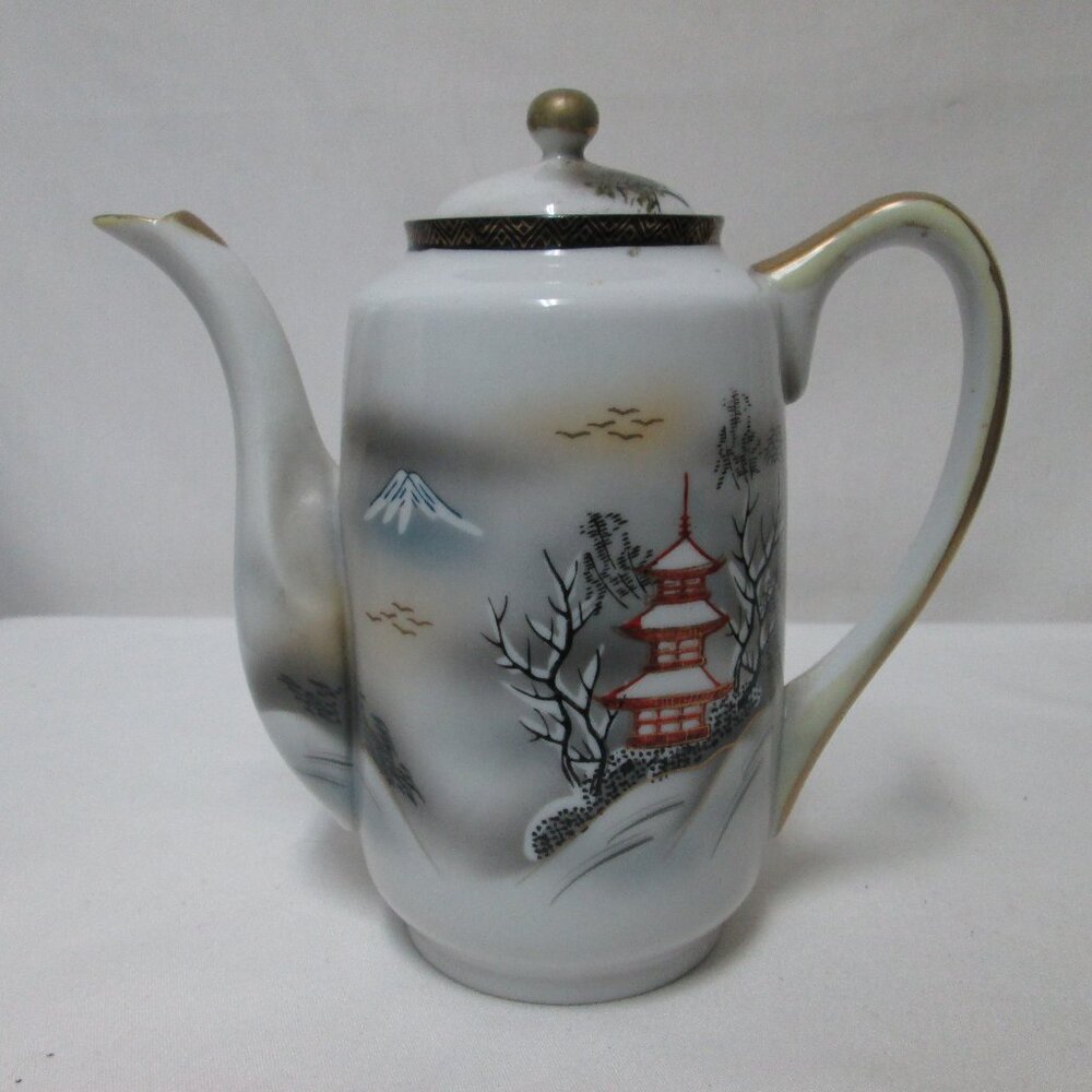 Vintage Porcelain Teapot with Spout Hand-painted Japanese Village 7" tall w/ Lid